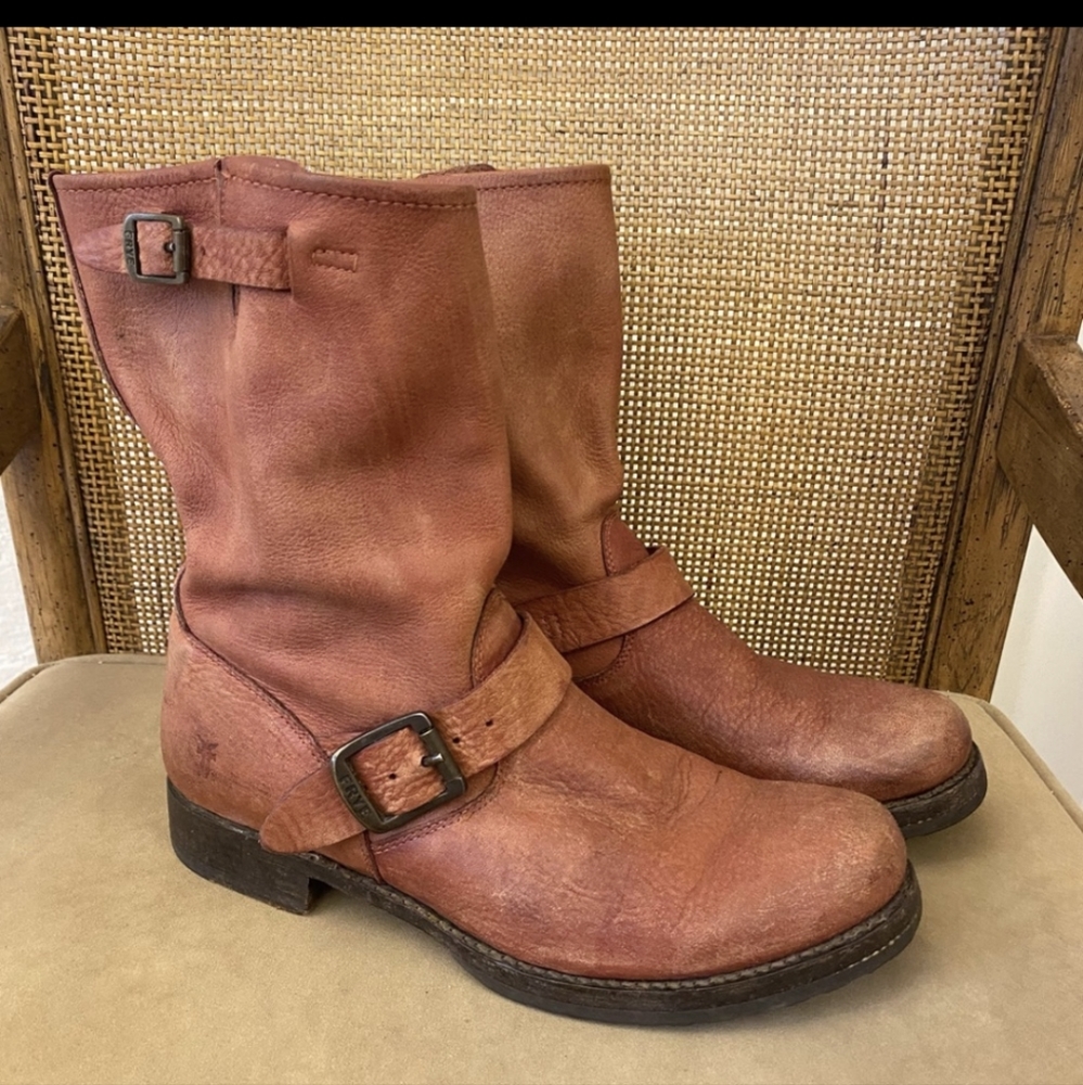 Frye || Veronica Shortie Harness Boots Mid Calf Burnt Rust Red